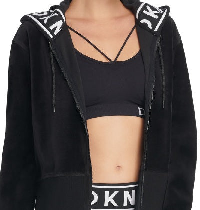 Moletom com capuz feminino DKNY Sport Logo Cuff Zip, preto, tamanho P