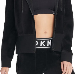 Moletom com capuz feminino DKNY Sport Logo Cuff Zip, preto, tamanho P