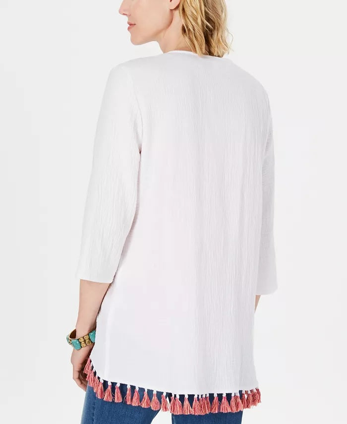 Top quimono feminino de algodão com acabamento em borla Style &amp; Co, branco, tamanho grande