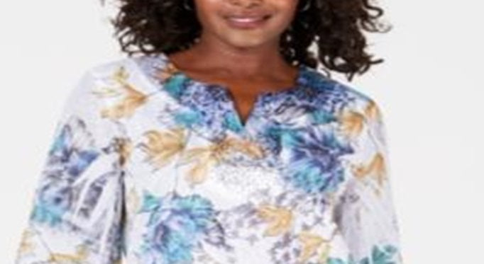 JM Collection Top estampado feminino com tachas, azul, tamanho médio