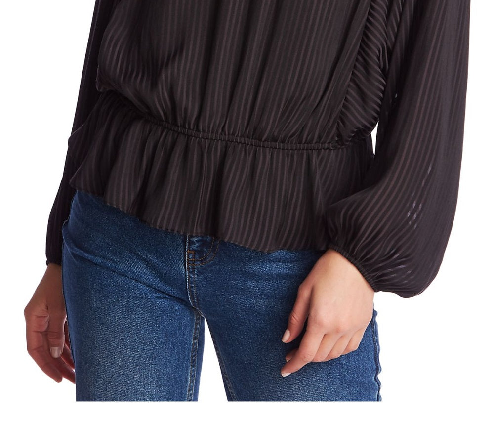 1.STATE Blusa peplum feminina de manga comprida e gola alta, preta, tamanho grande