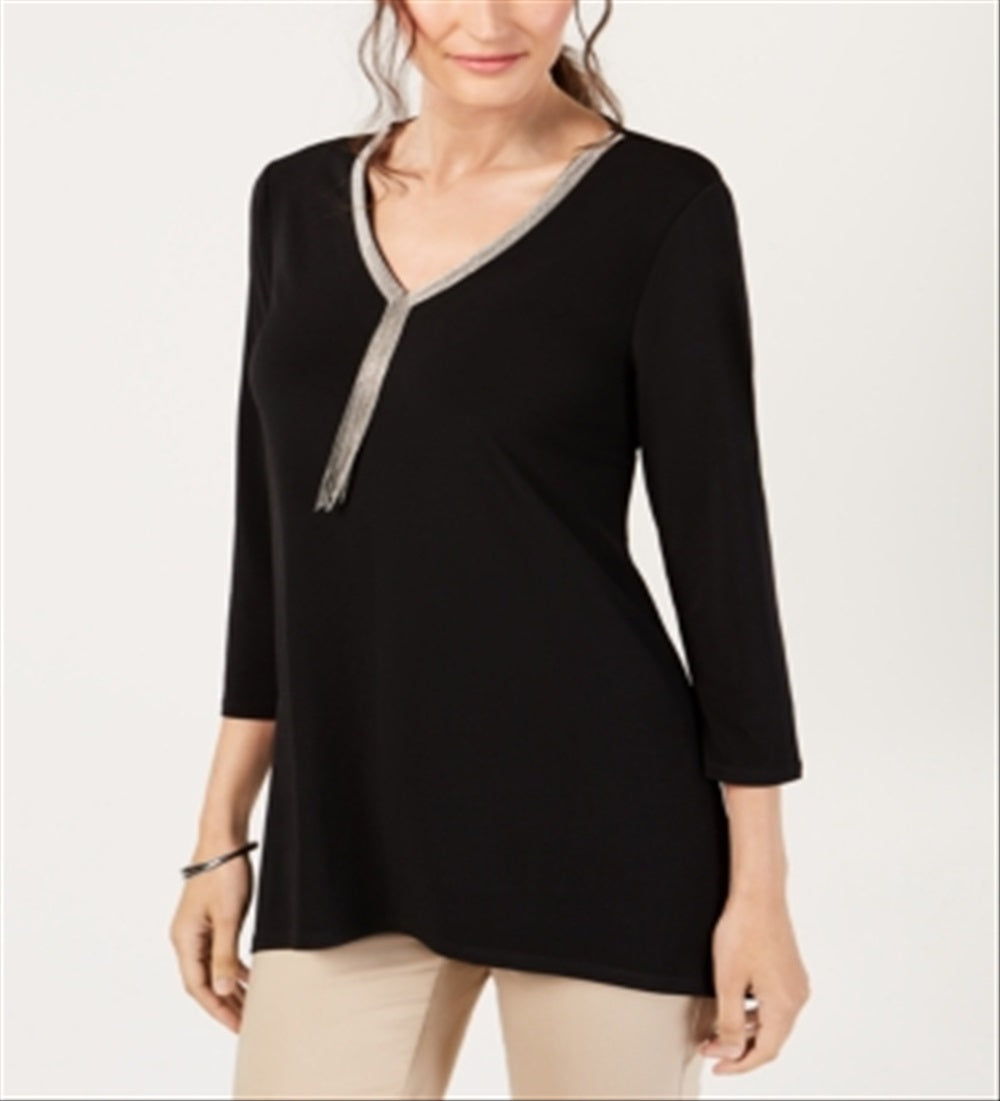 Túnica feminina com decote em V e contas, preta, tamanho extrapequeno, da coleção JM