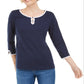 Blusa de algodão com acabamento contrastante Karen Scott feminina, azul, tamanho médio
