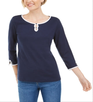 Blusa de algodão com acabamento contrastante Karen Scott feminina, azul, tamanho médio