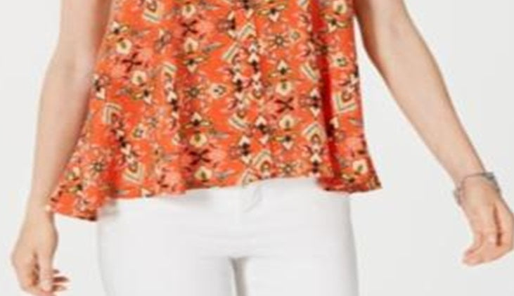 Top feminino sem mangas com estampa estilo &amp; co, decote alto e decotado, floral laranja, tamanho GG