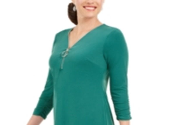 Vestido feminino com decote em V e zíper, verde, tamanho P, da coleção JM