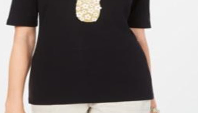 Camiseta feminina Karen Scott de algodão com estampa gráfica de abacaxi, preta, tamanho GG