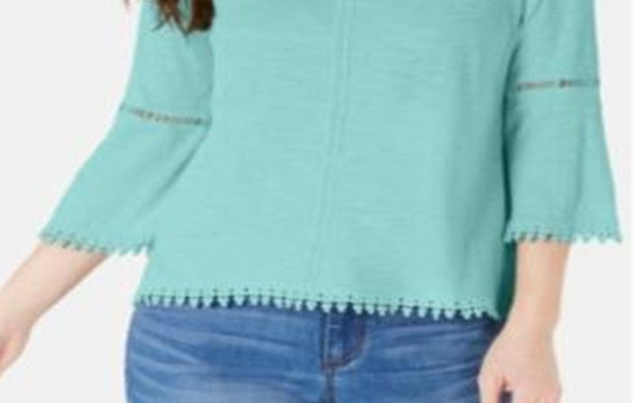Blusa feminina estilo &amp; co com manga sino e acabamento em crochê, azul-petróleo, tamanho pequeno P