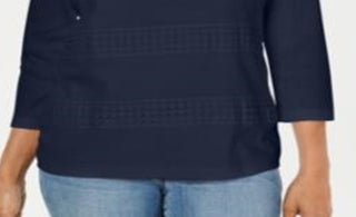 Karen Scott Blusa Feminina Listrada com Decote Quadrado e Renda Azul Tamanho Médio