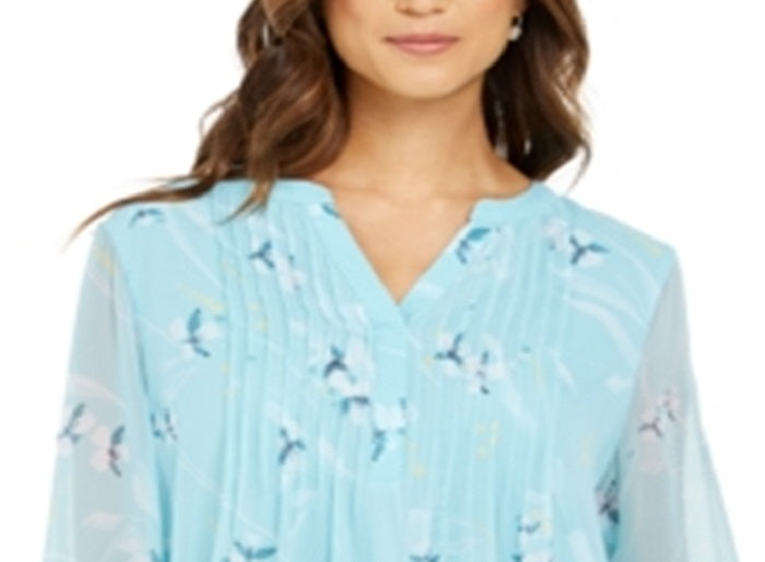 Charter Club Blusa Feminina Estampada com Babados Duplos Azul Tamanho X-S