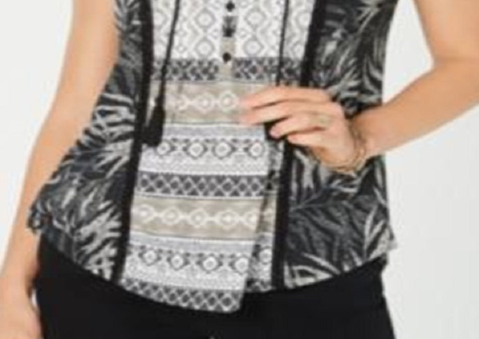 Blusa feminina estampada mista Style &amp; Co preta, tamanho pequeno, tamanho G