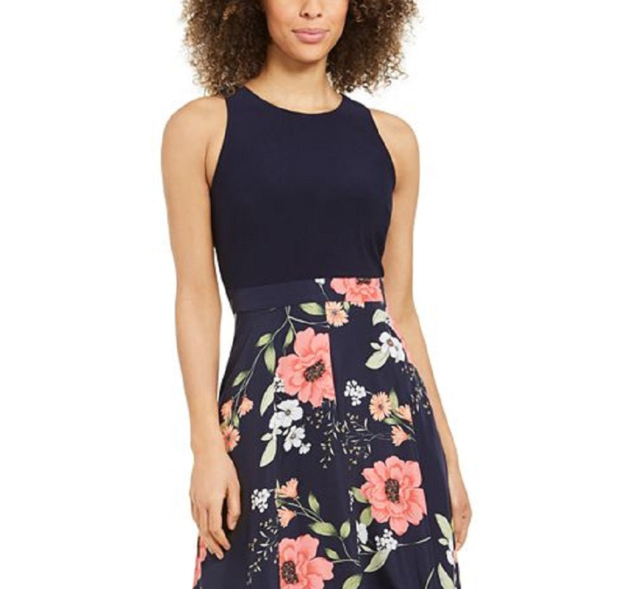 Vince Camuto Calça feminina estampada em crepe da China Twofer MIDI com corpete em jersey azul, tamanho 12