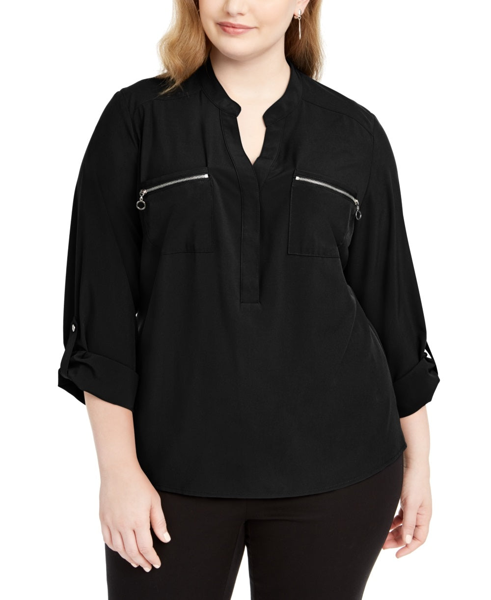 Camisa utilitária feminina NY Collection com bolso e zíper, preta, tamanho 1X