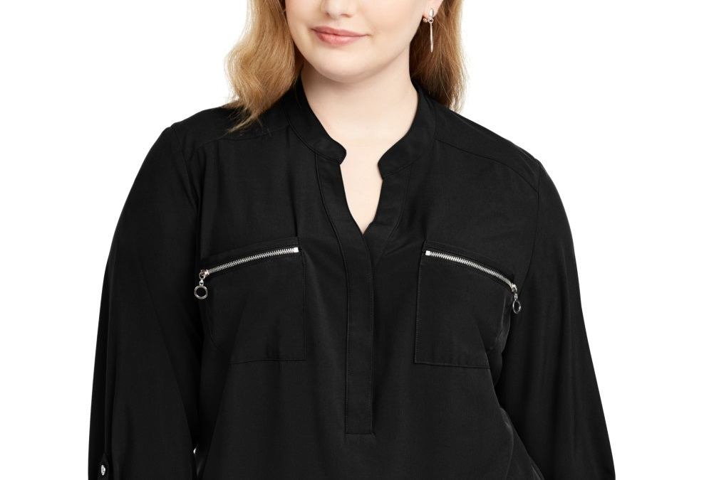 Camisa utilitária feminina NY Collection com bolso e zíper, preta, tamanho 1X