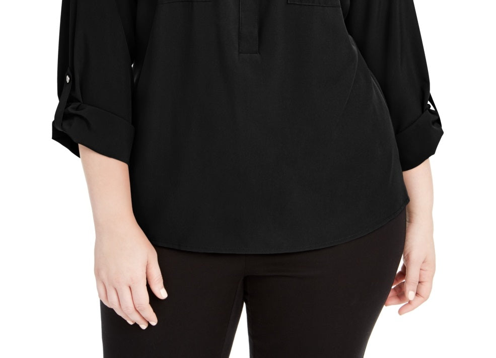 Camisa utilitária feminina NY Collection com bolso e zíper, preta, tamanho 1X