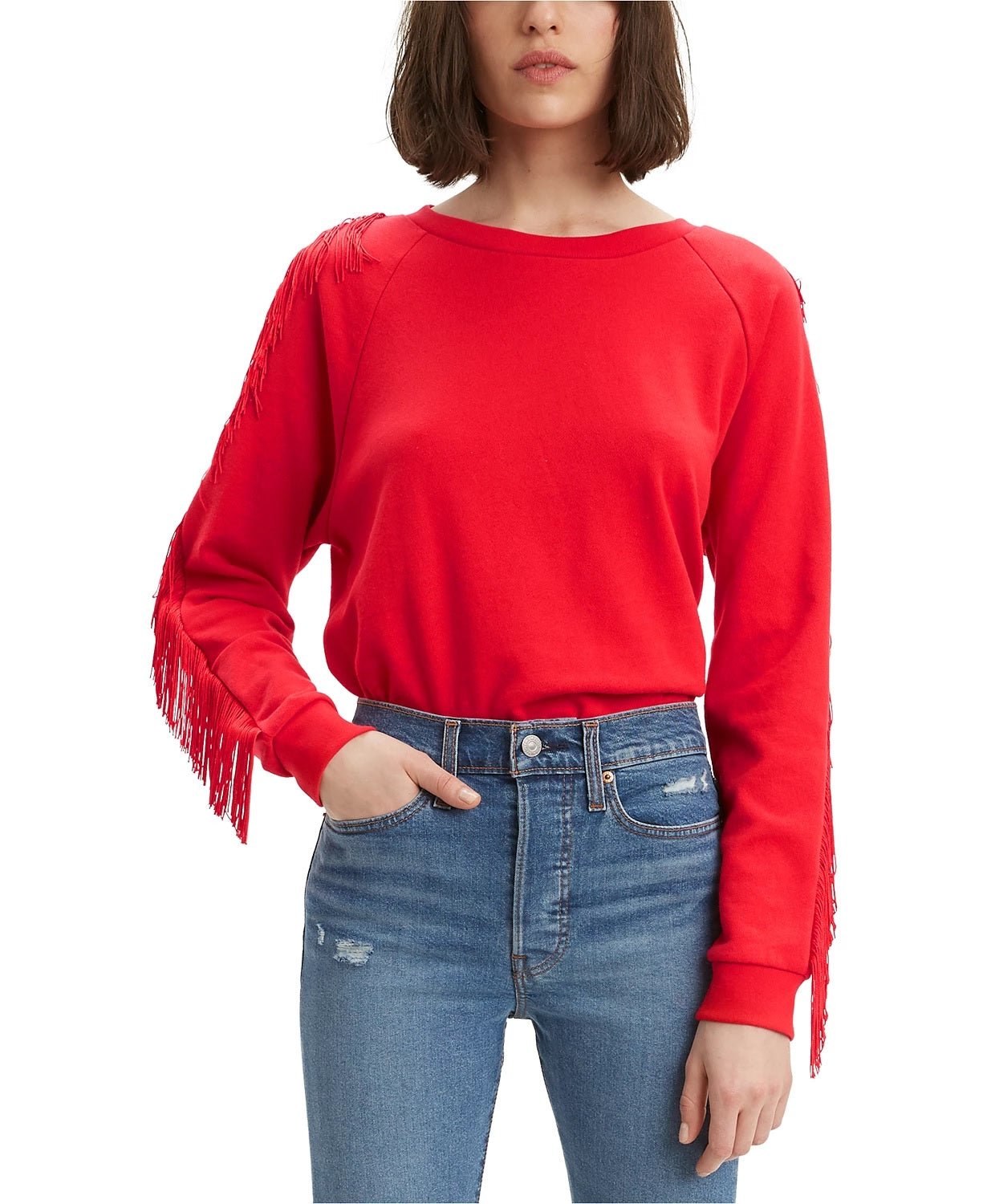 Moletom feminino Levi's com gola redonda e franjas, vermelho, tamanho grande