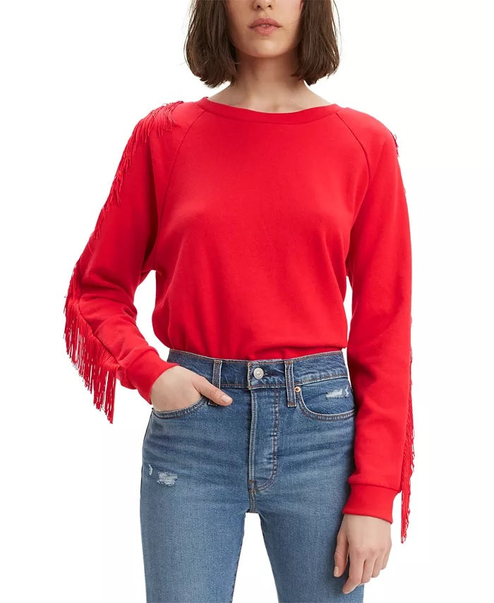 Moletom feminino Levi's com gola redonda e franjas, vermelho, tamanho grande