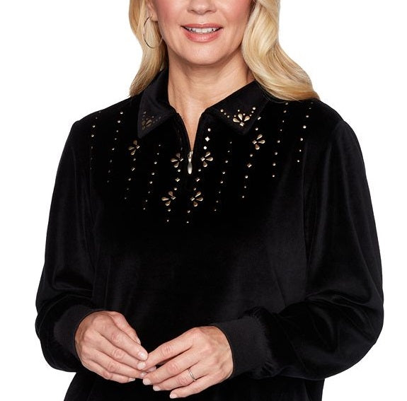 Alfred Dunner Suéter Feminino Veludo Enfeitado com Zíper de 1/4 Pulôver Preto Tamanho Pequeno M