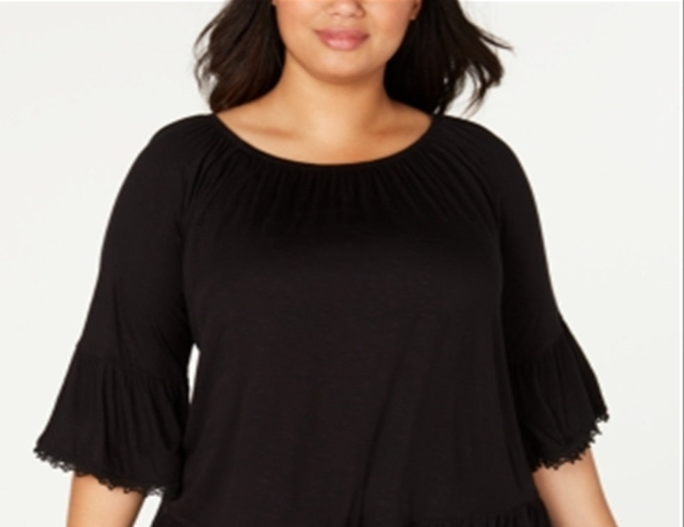 Blusa feminina estilo &amp; co plus size com babados e manga 3/4, preta, tamanho 0X