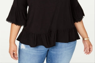 Blusa feminina estilo &amp; co plus size com babados e manga 3/4, preta, tamanho 0X