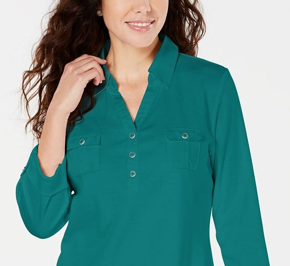 Camisa utilitária feminina Karen Scott de algodão com gola Johnny, verde, tamanho P
