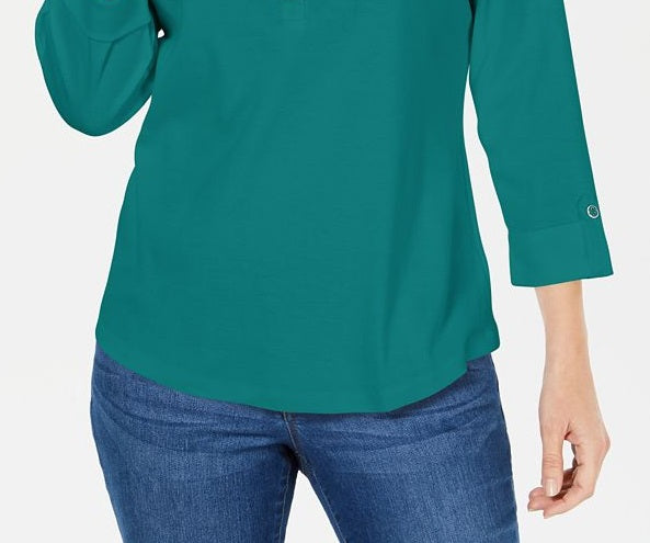 Camisa utilitária feminina Karen Scott de algodão com gola Johnny, verde, tamanho P