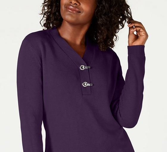 Karen Scott Suéter Henley Feminino de Algodão Roxo Tamanho Pequeno Médio