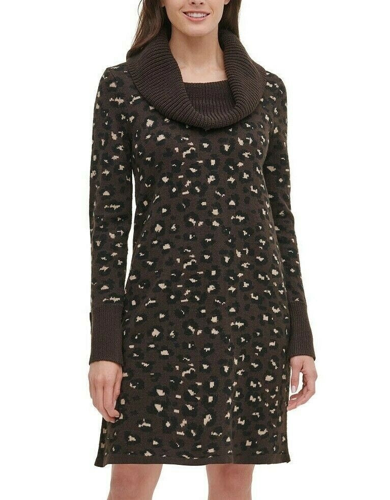 Vestido suéter feminino Tommy Hilfiger com estampa de leopardo, marrom, tamanho pequeno