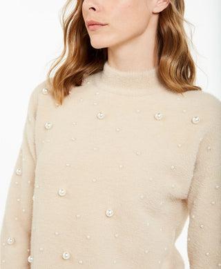 Alfani Suéter Feminino Petite Scattered Faux-Pearl Bege Tamanho PL