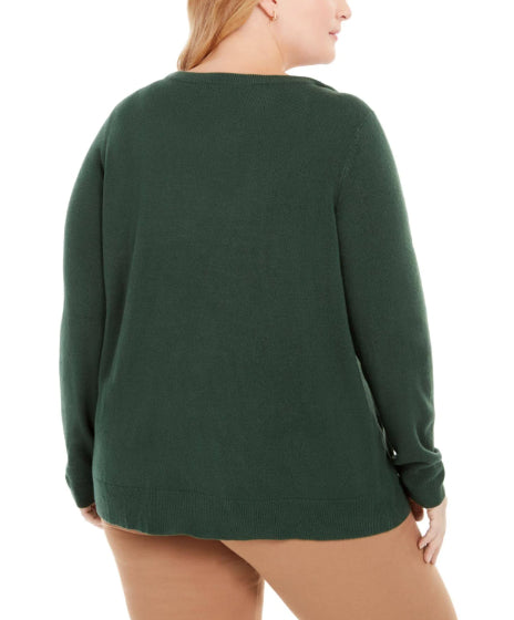 Camiseta feminina Karen Scott, verde, lisa, manga comprida, gola redonda, tamanho pequeno, extragrande