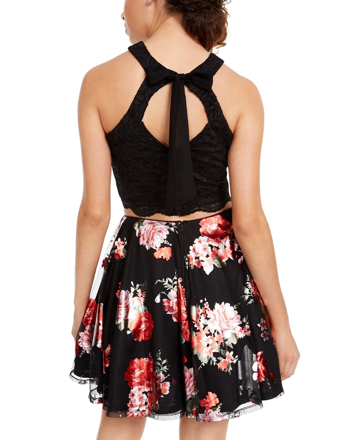 Vestido infantil City Studios com 2 peças, renda brilhante e estampa floral, vermelho, tamanho 3