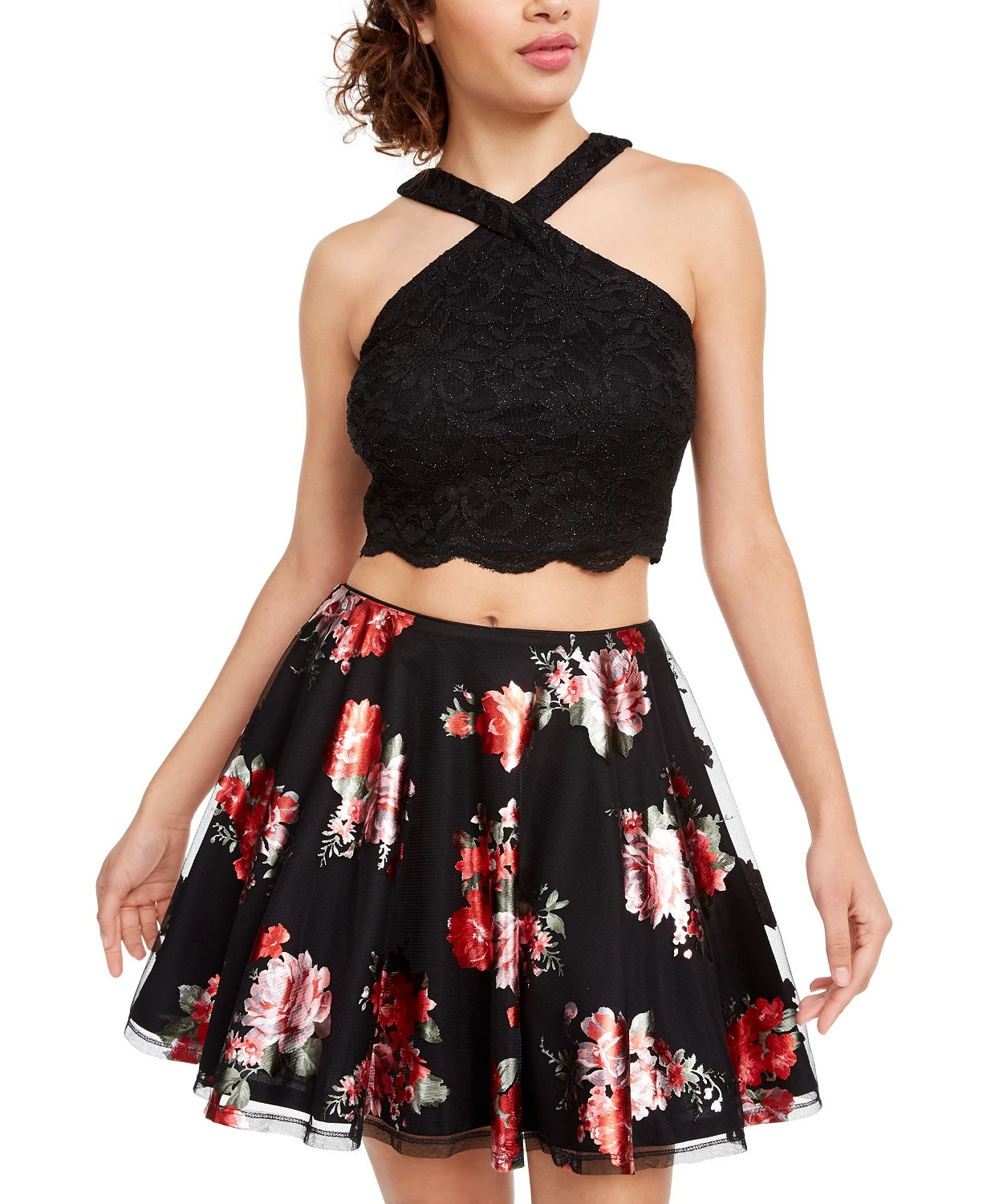 Vestido infantil City Studios com 2 peças, renda brilhante e estampa floral, vermelho, tamanho 15