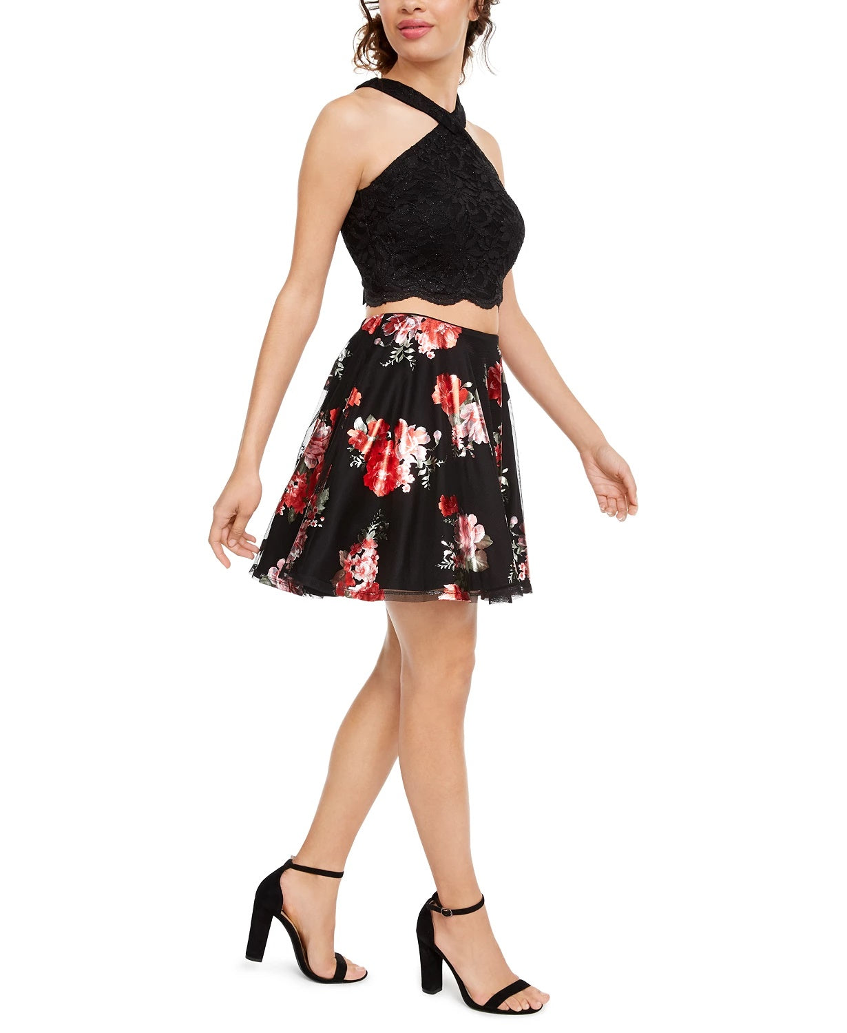 Vestido infantil City Studios com 2 peças, renda brilhante e estampa floral, vermelho, tamanho 15