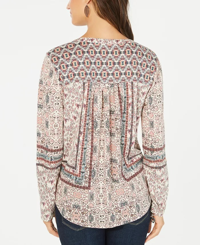 Top feminino estilo &amp; co com estampa de cachecol pequeno, estilo camponês, bege, tamanho PL