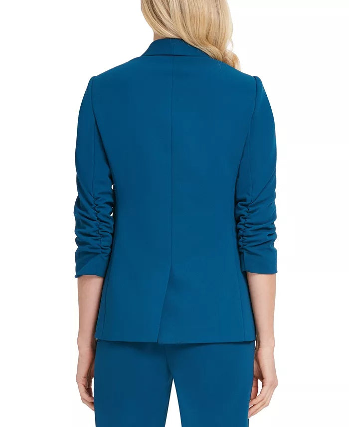 Blazer feminino DKNY Petite Open com manga franzida, azul, tamanho 10 P