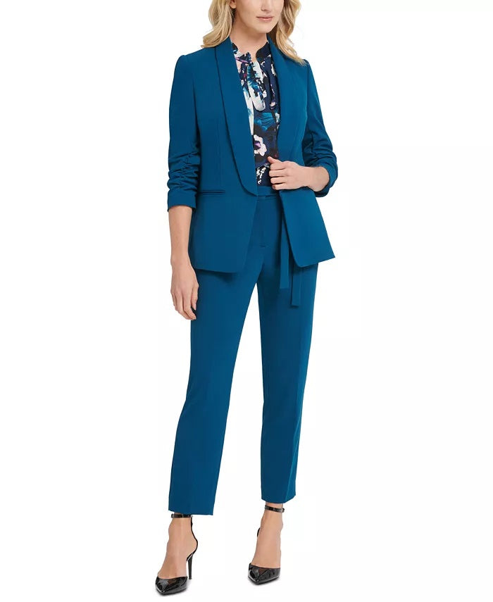 Blazer feminino DKNY Petite Open com manga franzida, azul, tamanho 10 P