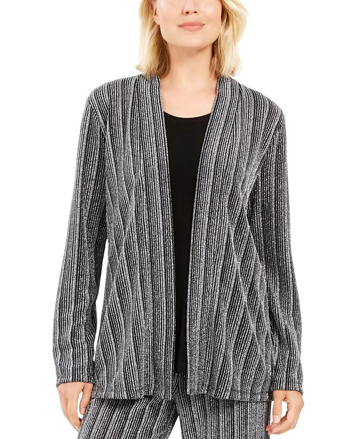 Cardigan metálico feminino JM Collection Petite com aparência em camadas, preto, tamanho Petite X-Large