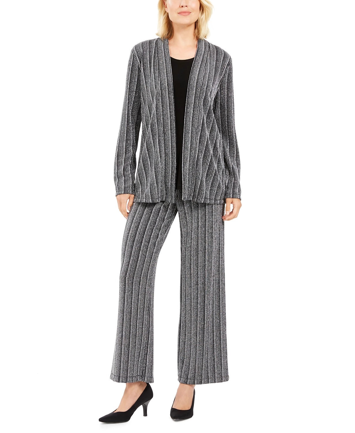 Cardigan metálico feminino JM Collection Petite com aparência em camadas, preto, tamanho Petite X-Large