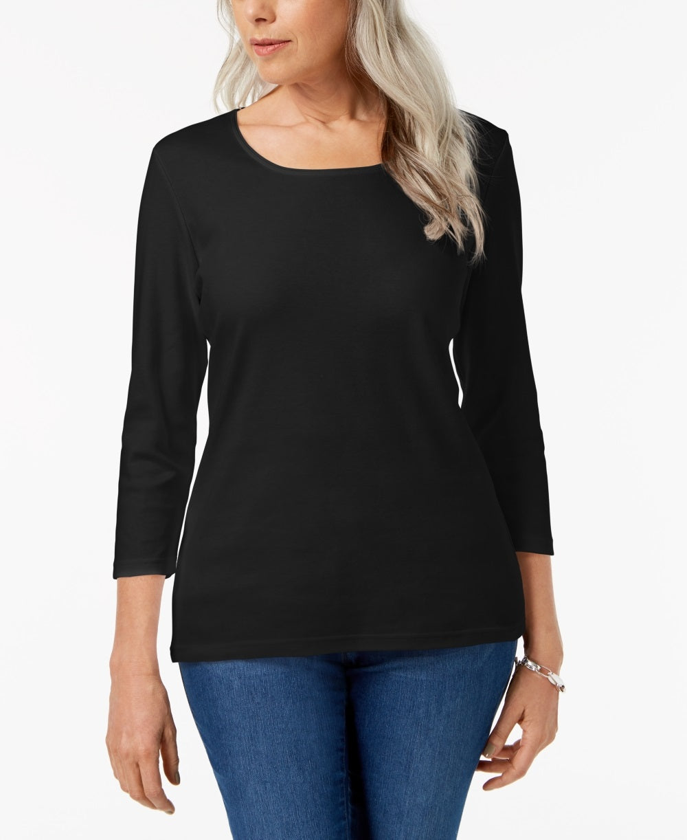 Karen Scott Blusa feminina de algodão com decote redondo, azul, tamanho pequeno e pequeno