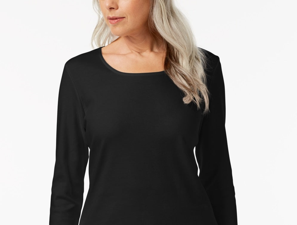 Karen Scott Blusa feminina de algodão com decote redondo, azul, tamanho pequeno e pequeno