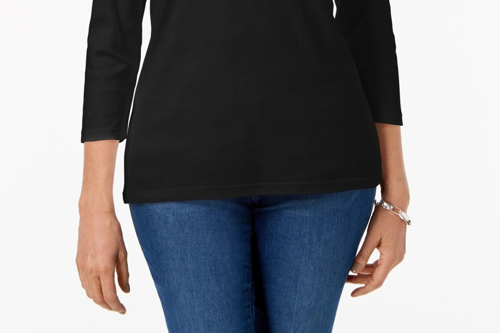 Karen Scott Blusa feminina de algodão com decote redondo, azul, tamanho pequeno e pequeno
