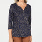 Karen Scott Blusa feminina pequena com estampa de folhas e manga 3/4, azul marinho, tamanho PS