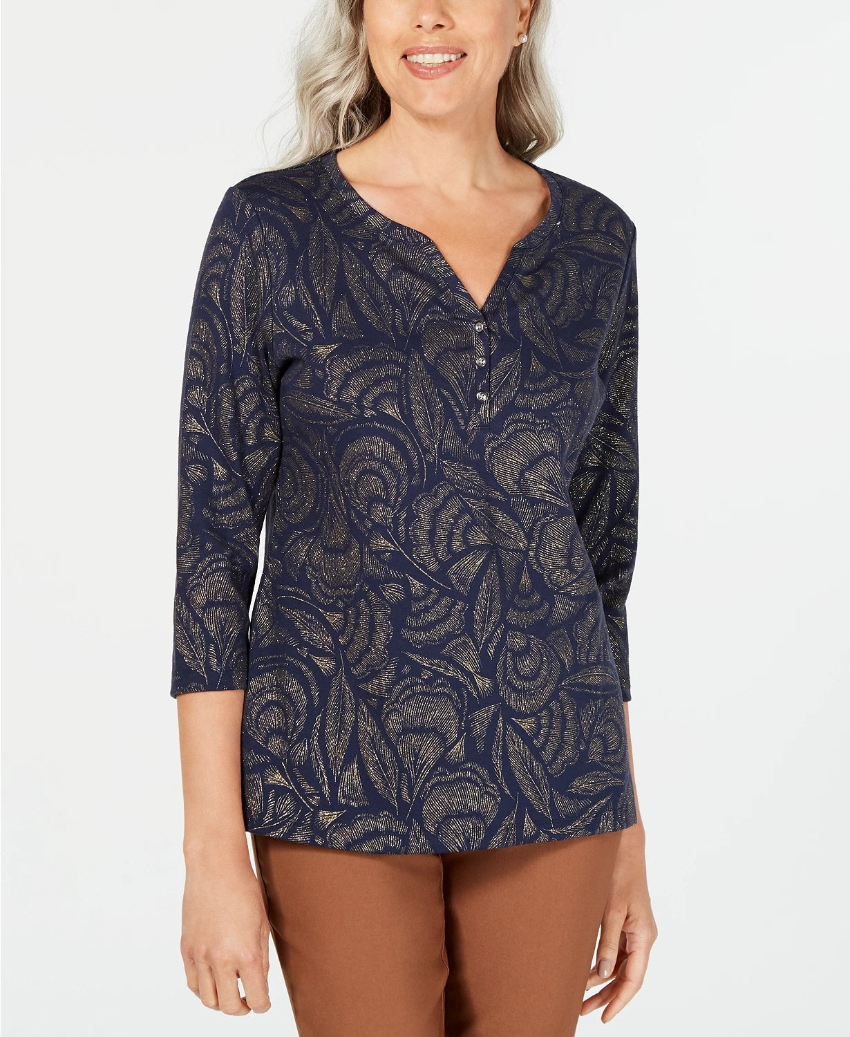 Karen Scott Blusa feminina pequena com estampa de folhas e manga 3/4, azul marinho, tamanho PS