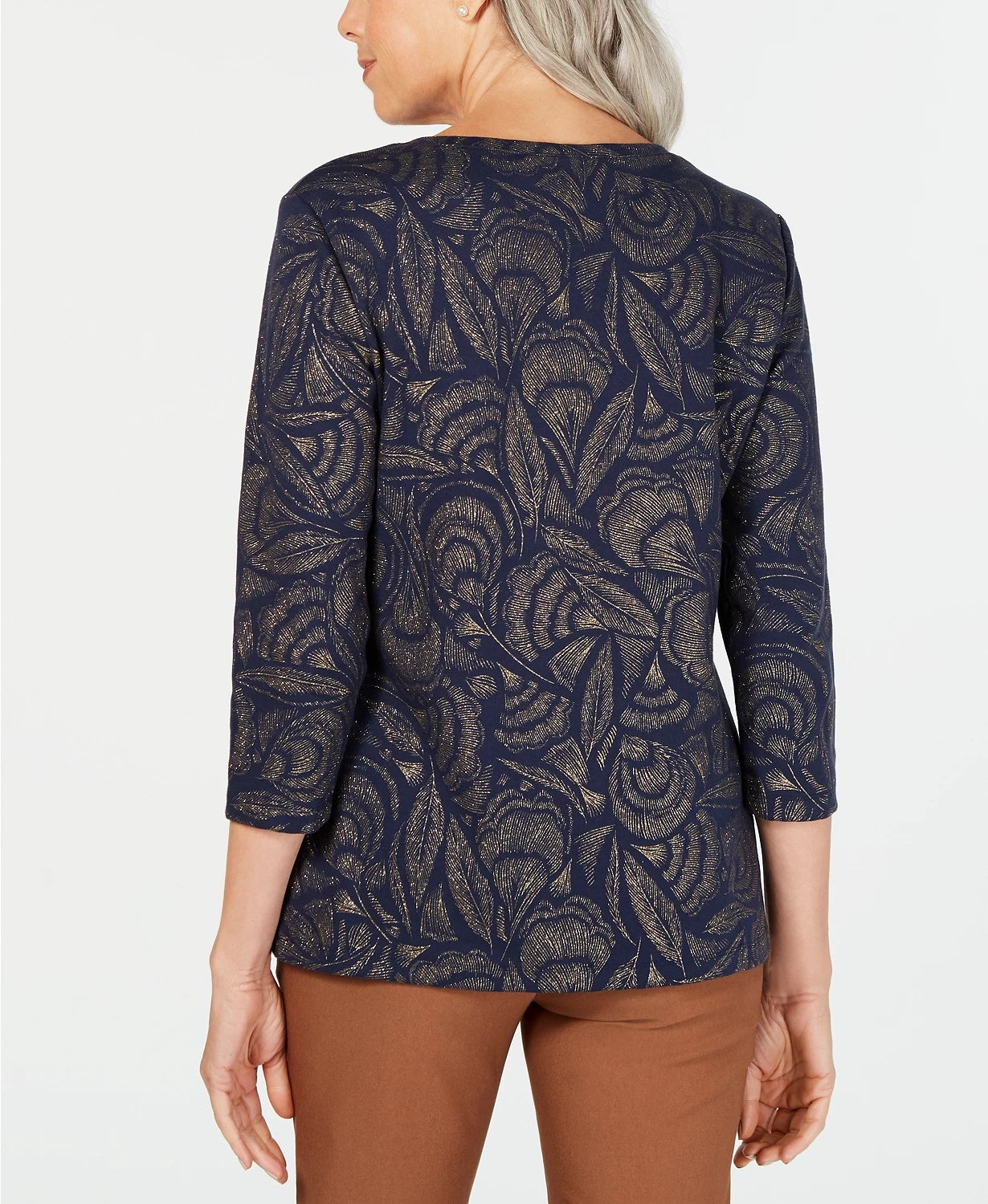 Karen Scott Blusa feminina pequena com estampa de folhas e manga 3/4, azul marinho, tamanho PS