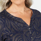 Karen Scott Blusa feminina pequena com estampa de folhas e manga 3/4, azul marinho, tamanho PS