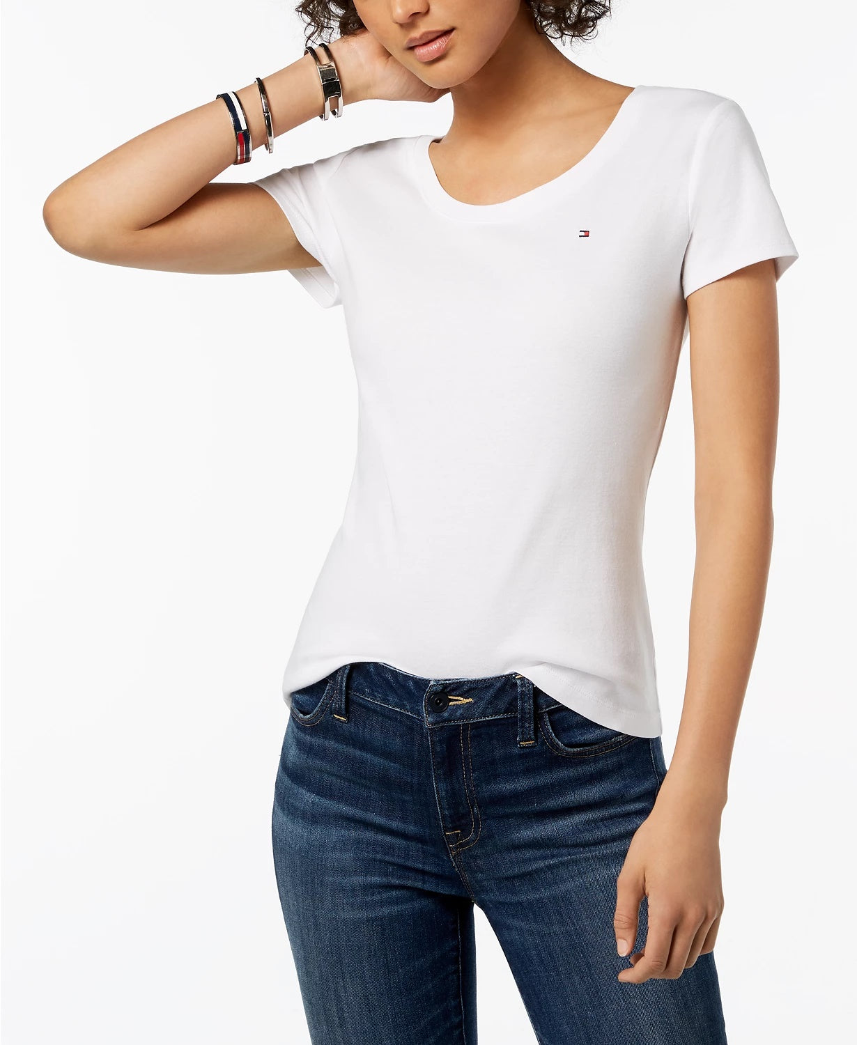 Camiseta feminina Tommy Hilfiger de algodão com decote redondo, branca, tamanho XS