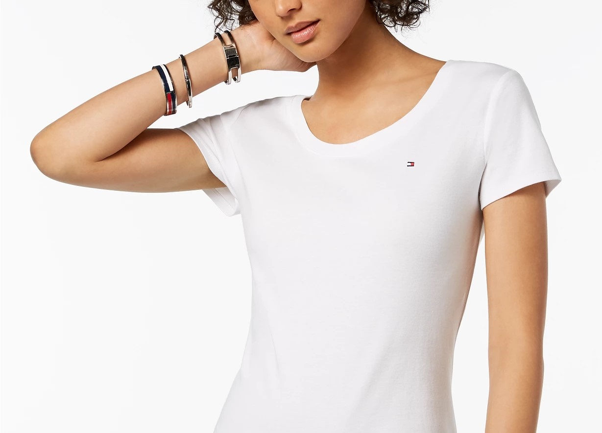 Camiseta feminina Tommy Hilfiger de algodão com decote redondo, branca, tamanho XS