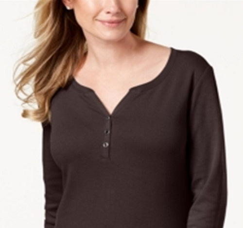 Karen Scott Blusa Feminina de Algodão com Gola Henley Marrom Tamanho Pequeno