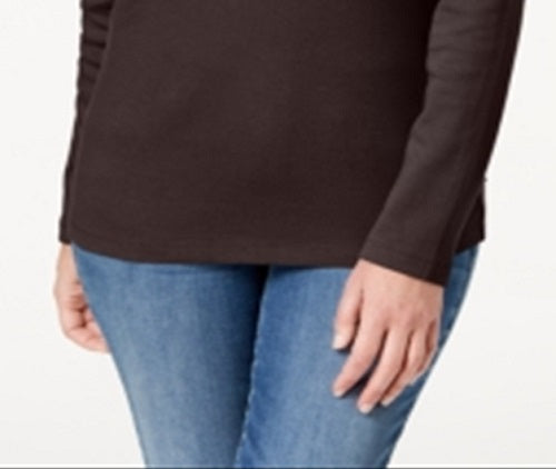 Karen Scott Blusa Feminina de Algodão com Gola Henley Marrom Tamanho Pequeno