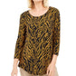 JM Collection Top feminino estampado com decote redondo, preto, tamanho pequeno